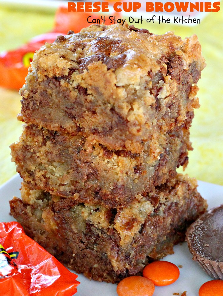 Reese Cup Brownies | Can't Stay Out of the Kitchen | These amazing #brownies are to die for! They are filled with #Reesecups and a great way to use up leftover #Halloween candy. #dessert #chocolate #peanutbutter #tailgating #ChocolateDessert #PeanutButterDessert #ReeseCupBrownies #ReesePeanutButterCupDessert #FourthOfJuly #FourthOfJulyDessert #LaborDayDessert