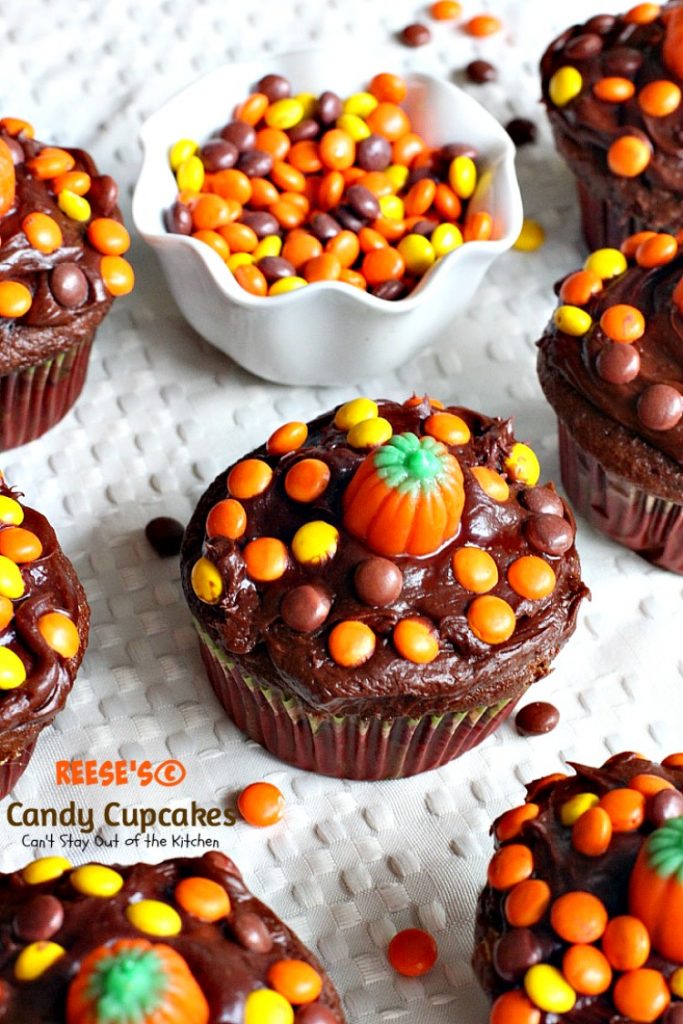 Reese's Candy Cupcakes | Can't Stay Out of the Kitchen | These incredibly delicious #chocolate #cupcakes are filled and topped with #Reese's candies. Quick and easy, too. #dessert