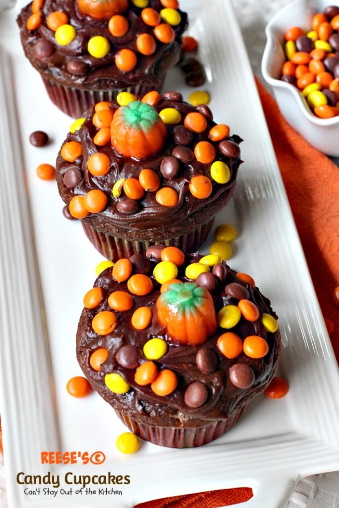 Reese's Candy Cupcakes | Can't Stay Out of the Kitchen | These incredibly delicious #chocolate #cupcakes are filled and topped with #Reese's candies. Quick and easy, too. #dessert