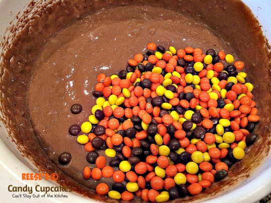 Reese's Candy Cupcakes | Can't Stay Out of the Kitchen | These incredibly delicious #chocolate #cupcakes are filled and topped with #Reese's candies. Quick and easy, too. #dessert