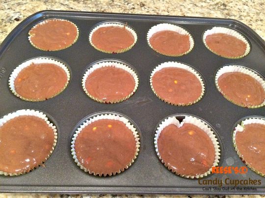 Reese's Candy Cupcakes | Can't Stay Out of the Kitchen | These incredibly delicious #chocolate #cupcakes are filled and topped with #Reese's candies. Quick and easy, too. #dessert