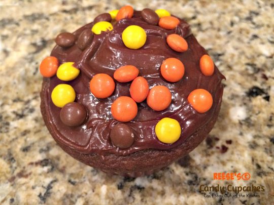 Reese's Candy Cupcakes | Can't Stay Out of the Kitchen | These incredibly delicious #chocolate #cupcakes are filled and topped with #Reese's candies. Quick and easy, too. #dessert