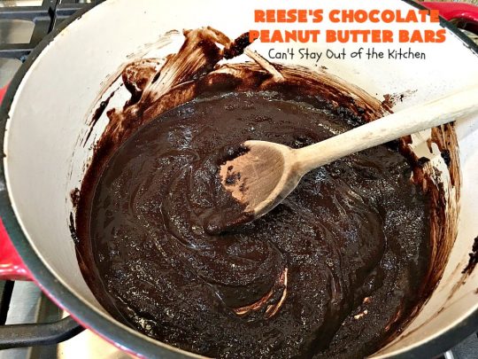 Reese's Chocolate Peanut Butter Bars | Can't Stay Out of the Kitchen | these outrageous #cookies start with an #OatmealCookie & #PeanutButter crust & topping. They have a #chocolate sauce & #ReesesPeanutButterCandies in the middle. Absolutely awesome! #tailgating #brownie #dessert #ChocolateDessert #PeanutButterDessert #ReesesPeanutButterDessert #ReesesChocolatePeanutButterBars