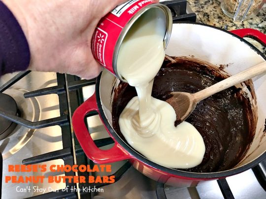 Reese's Chocolate Peanut Butter Bars | Can't Stay Out of the Kitchen | these outrageous #cookies start with an #OatmealCookie & #PeanutButter crust & topping. They have a #chocolate sauce & #ReesesPeanutButterCandies in the middle. Absolutely awesome! #tailgating #brownie #dessert #ChocolateDessert #PeanutButterDessert #ReesesPeanutButterDessert #ReesesChocolatePeanutButterBars