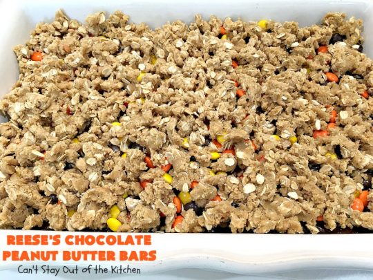 Reese's Chocolate Peanut Butter Bars | Can't Stay Out of the Kitchen | these outrageous #cookies start with an #OatmealCookie & #PeanutButter crust & topping. They have a #chocolate sauce & #ReesesPeanutButterCandies in the middle. Absolutely awesome! #tailgating #brownie #dessert #ChocolateDessert #PeanutButterDessert #ReesesPeanutButterDessert #ReesesChocolatePeanutButterBars