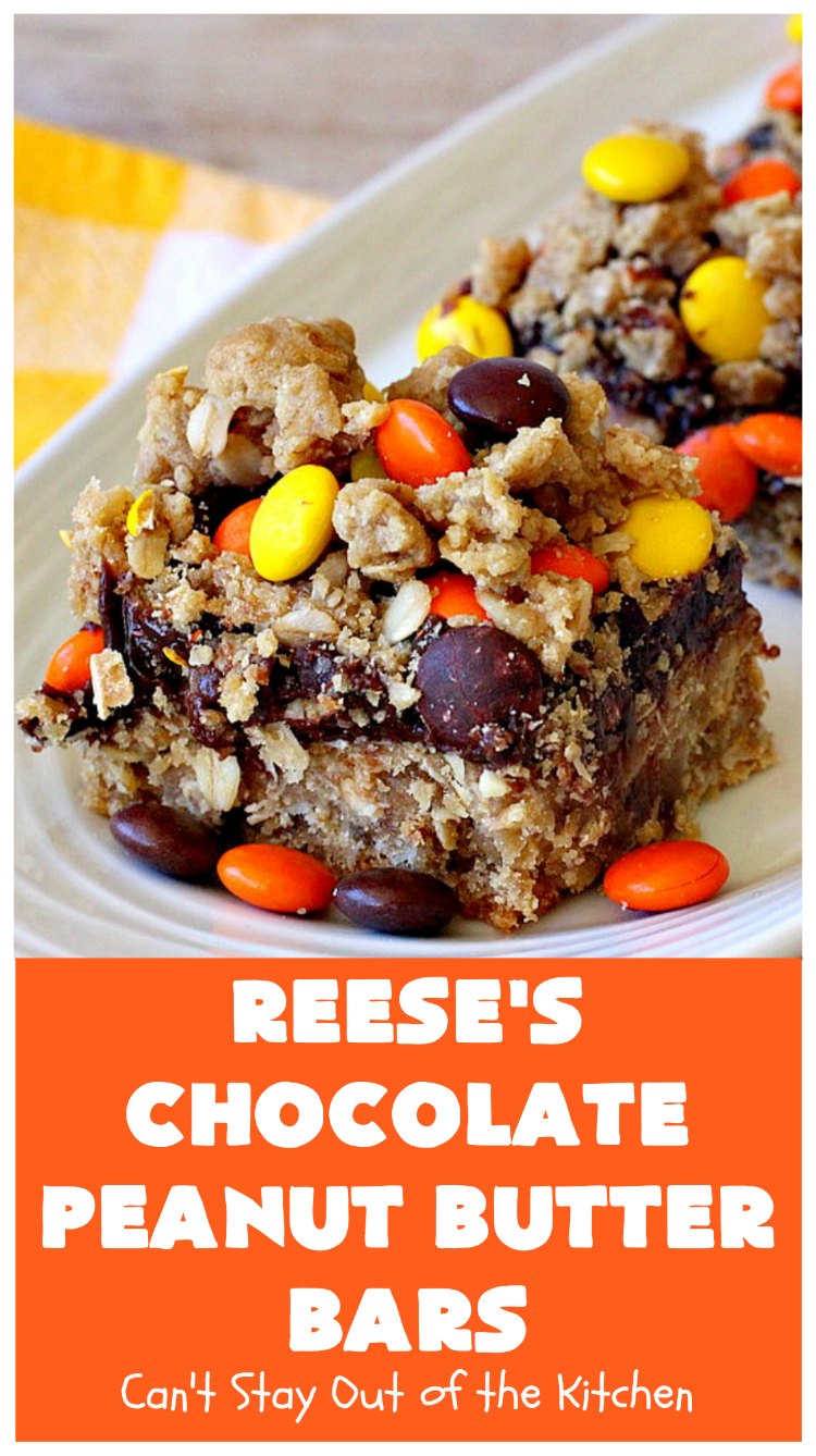 Reese's Chocolate Peanut Butter Bars | Can't Stay Out of the Kitchen | these outrageous #cookies start with an #OatmealCookie & #PeanutButter crust & topping. They have a #chocolate sauce & #ReesesPeanutButterCandies in the middle. Absolutely awesome! #tailgating #brownie #dessert #ChocolateDessert #PeanutButterDessert #ReesesPeanutButterDessert #ReesesChocolatePeanutButterBars