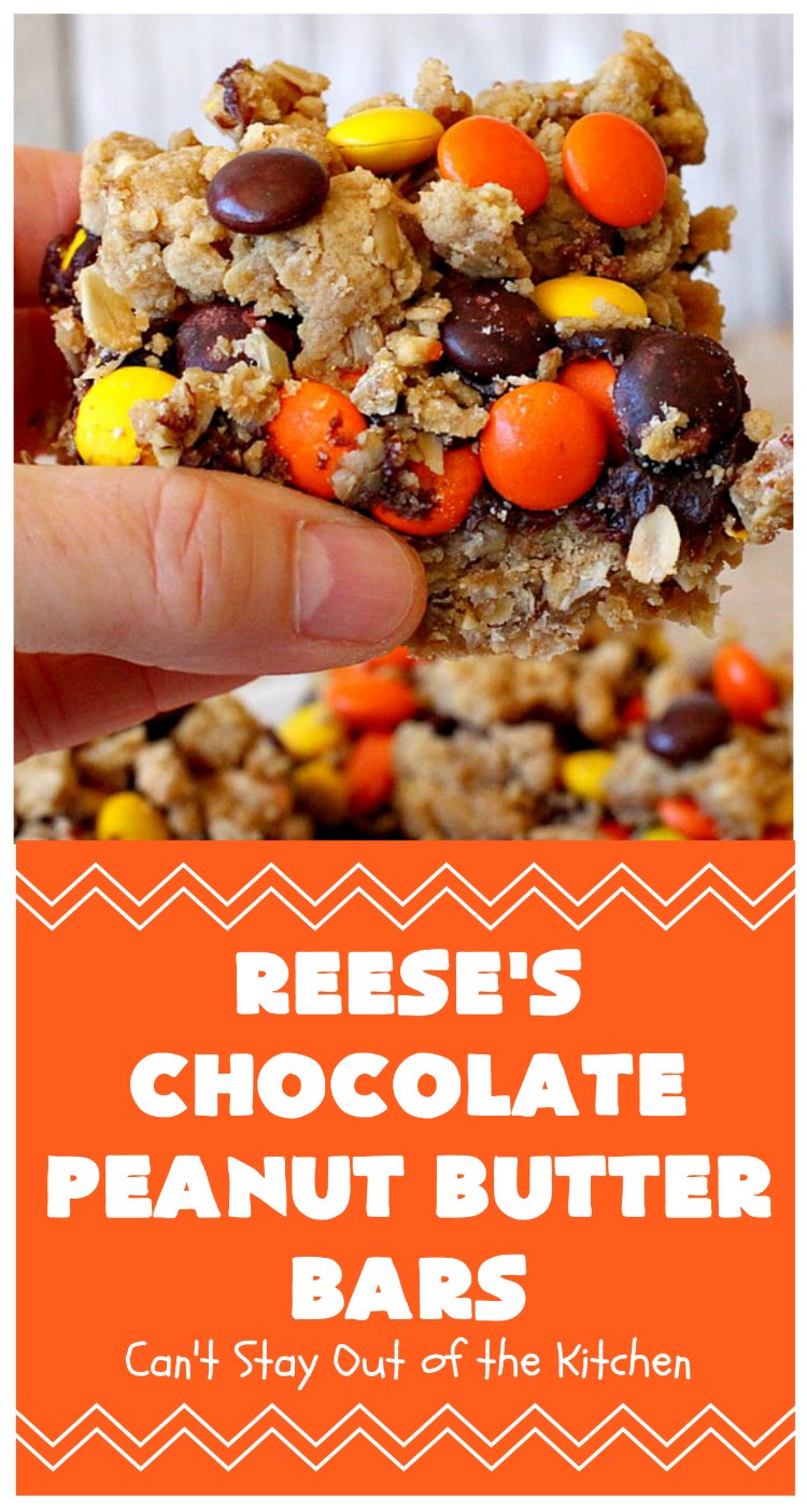Reese's Chocolate Peanut Butter Bars | Can't Stay Out of the Kitchen | these outrageous #cookies start with an #OatmealCookie & #PeanutButter crust & topping. They have a #chocolate sauce & #ReesesPeanutButterCandies in the middle. Absolutely awesome! #tailgating #brownie #dessert #ChocolateDessert #PeanutButterDessert #ReesesPeanutButterDessert #ReesesChocolatePeanutButterBars