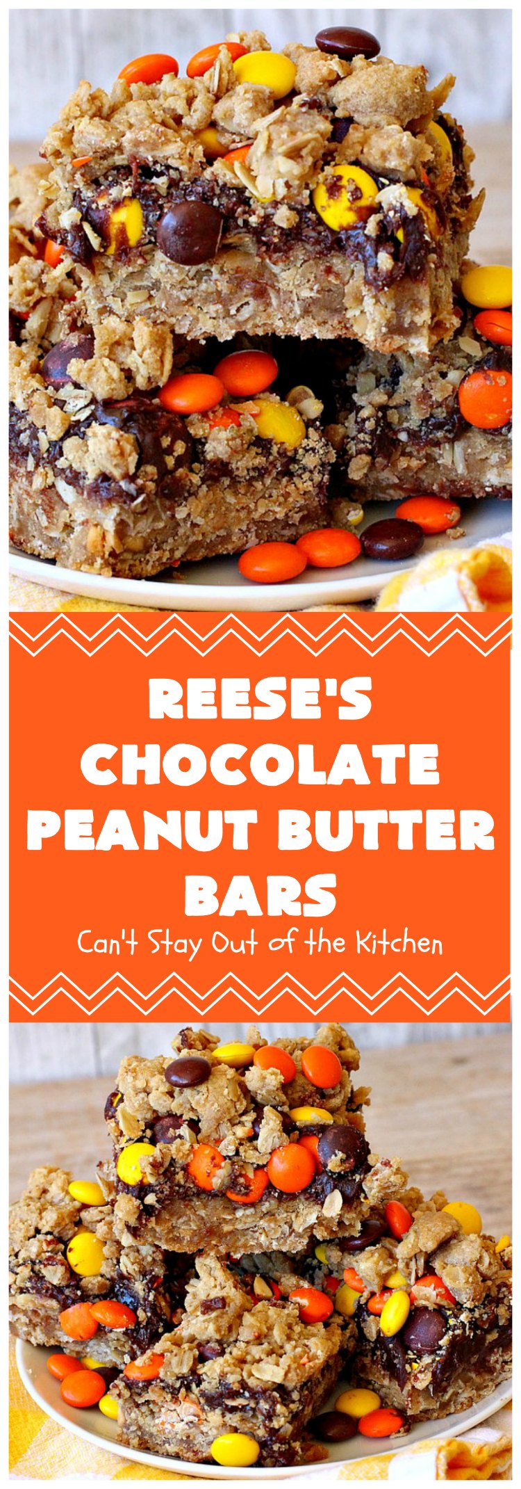 Reese's Chocolate Peanut Butter Bars | Can't Stay Out of the Kitchen | these outrageous #cookies start with an #OatmealCookie & #PeanutButter crust & topping. They have a #chocolate sauce & #ReesesPeanutButterCandies in the middle. Absolutely awesome! #tailgating #brownie #dessert #ChocolateDessert #PeanutButterDessert #ReesesPeanutButterDessert #ReesesChocolatePeanutButterBars