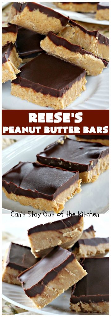 Reese's Peanut Butter Bars | Can't Stay Out of the Kitchen | this spectacular #dessert is rich, decadent & divine! It uses only 5 ingredients. It's a fantastic #copycat #recipe for #ReesesPeanutButterCups. No kidding! Perfect for #tailgating parties & potlucks, or #holidays like #MemorialDay or #FathersDay. #cookie #chocolate #brownie #ChocolateDessert #PeanutButterDessert #ReesesPeanutButterBars
