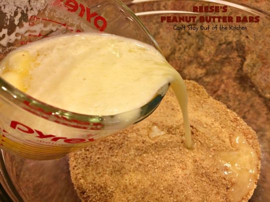 Reese's Peanut Butter Bars | Can't Stay Out of the Kitchen | this spectacular #dessert is rich, decadent & divine! It uses only 5 ingredients. It's a fantastic #copycat #recipe for #ReesesPeanutButterCups. No kidding! Perfect for #tailgating parties & potlucks, or #holidays like #MemorialDay or #FathersDay. #cookie #chocolate #brownie #ChocolateDessert #PeanutButterDessert #ReesesPeanutButterBars