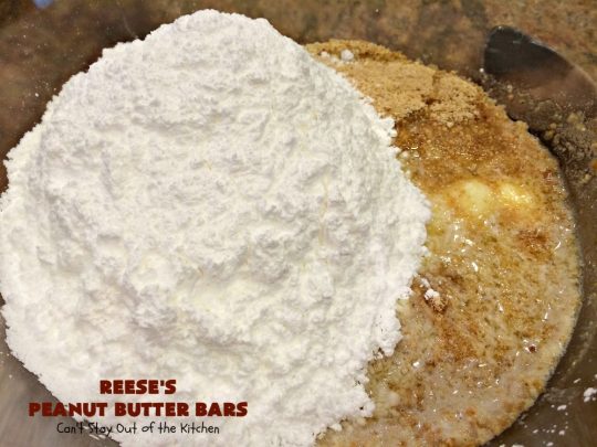 Reese's Peanut Butter Bars | Can't Stay Out of the Kitchen | this spectacular #dessert is rich, decadent & divine! It uses only 5 ingredients. It's a fantastic #copycat #recipe for #ReesesPeanutButterCups. No kidding! Perfect for #tailgating parties & potlucks, or #holidays like #MemorialDay or #FathersDay. #cookie #chocolate #brownie #ChocolateDessert #PeanutButterDessert #ReesesPeanutButterBars