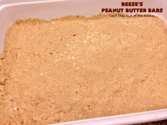 Reese's Peanut Butter Bars | Can't Stay Out of the Kitchen | this spectacular #dessert is rich, decadent & divine! It uses only 5 ingredients. It's a fantastic #copycat #recipe for #ReesesPeanutButterCups. No kidding! Perfect for #tailgating parties & potlucks, or #holidays like #MemorialDay or #FathersDay. #cookie #chocolate #brownie #ChocolateDessert #PeanutButterDessert #ReesesPeanutButterBars