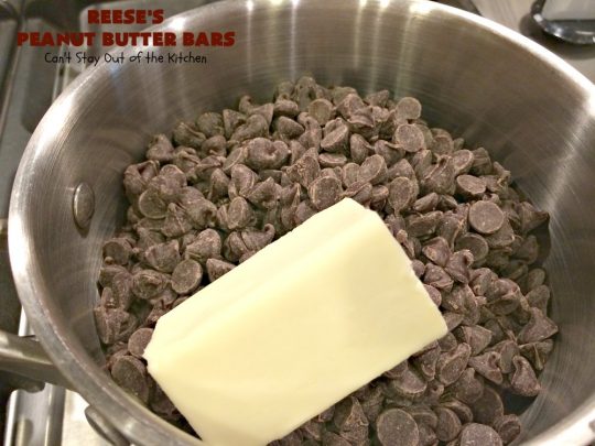 Reese's Peanut Butter Bars | Can't Stay Out of the Kitchen | this spectacular #dessert is rich, decadent & divine! It uses only 5 ingredients. It's a fantastic #copycat #recipe for #ReesesPeanutButterCups. No kidding! Perfect for #tailgating parties & potlucks, or #holidays like #MemorialDay or #FathersDay. #cookie #chocolate #brownie #ChocolateDessert #PeanutButterDessert #ReesesPeanutButterBars