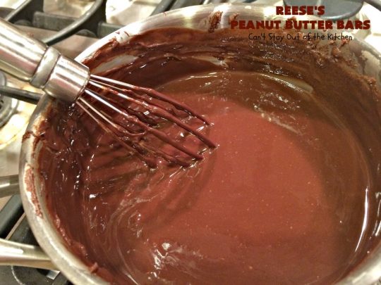 Reese's Peanut Butter Bars | Can't Stay Out of the Kitchen | this spectacular #dessert is rich, decadent & divine! It uses only 5 ingredients. It's a fantastic #copycat #recipe for #ReesesPeanutButterCups. No kidding! Perfect for #tailgating parties & potlucks, or #holidays like #MemorialDay or #FathersDay. #cookie #chocolate #brownie #ChocolateDessert #PeanutButterDessert #ReesesPeanutButterBars