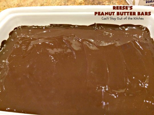 Reese's Peanut Butter Bars | Can't Stay Out of the Kitchen | this spectacular #dessert is rich, decadent & divine! It uses only 5 ingredients. It's a fantastic #copycat #recipe for #ReesesPeanutButterCups. No kidding! Perfect for #tailgating parties & potlucks, or #holidays like #MemorialDay or #FathersDay. #cookie #chocolate #brownie #ChocolateDessert #PeanutButterDessert #ReesesPeanutButterBars