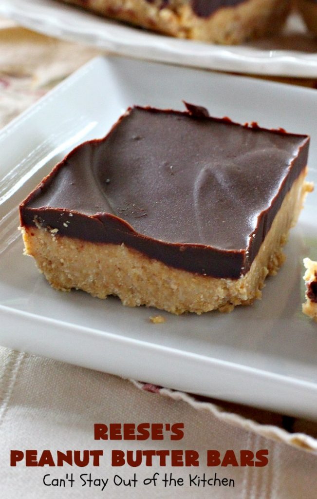 Reese's Peanut Butter Bars | Can't Stay Out of the Kitchen | this spectacular #dessert is rich, decadent & divine! It uses only 5 ingredients. It's a fantastic #copycat #recipe for #ReesesPeanutButterCups. No kidding! Perfect for #tailgating parties & potlucks, or #holidays like #MemorialDay or #FathersDay. #cookie #chocolate #brownie #ChocolateDessert #PeanutButterDessert #ReesesPeanutButterBars