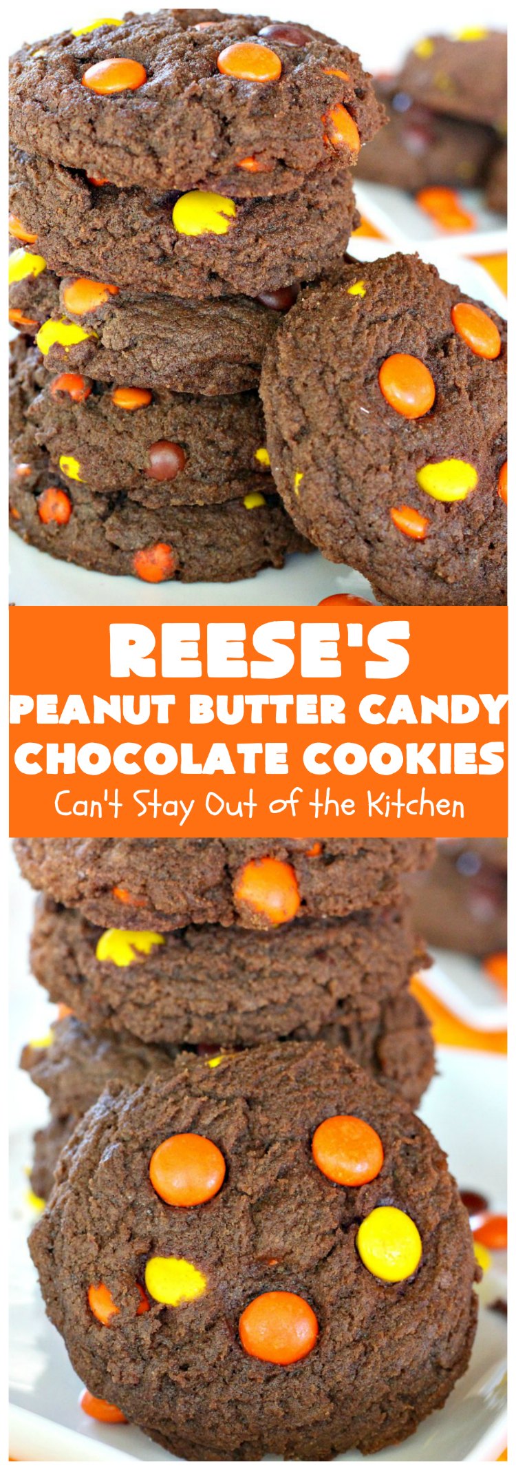 Reese's Peanut Butter Candy Chocolate Cookies | Can't Stay Out of the Kitchen | these #cookies are the ultimate #ReesesCookie! These #chocolate cookies are filled with #ReesesPeanutButterCandies. They're terrific for #holiday & #Christmas parties & a great way to use up leftover #Halloween candy. #PeanutButter #PeanutButterDessert #ChocolateDessert #ChristmasCookieExchange #dessert #ReesesPeanutButterCandyChocolateCookies