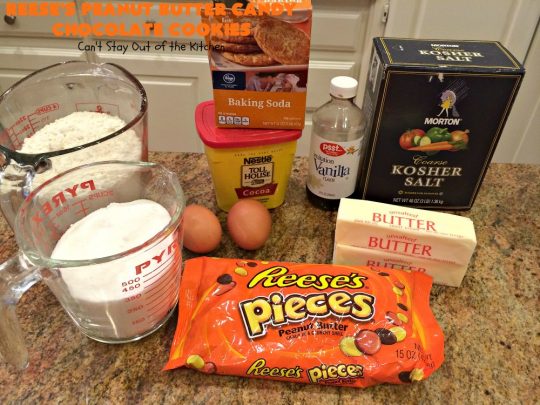 Reese's Peanut Butter Candy Chocolate Cookies | Can't Stay Out of the Kitchen | these #cookies are the ultimate #ReesesCookie! These #chocolate cookies are filled with #ReesesPeanutButterCandies. They're terrific for #holiday & #Christmas parties & a great way to use up leftover #Halloween candy. #PeanutButter #PeanutButterDessert #ChocolateDessert #ChristmasCookieExchange #dessert #ReesesPeanutButterCandyChocolateCookies