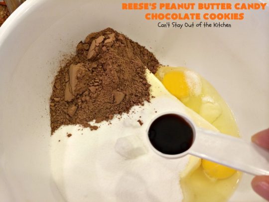 Reese's Peanut Butter Candy Chocolate Cookies | Can't Stay Out of the Kitchen | these #cookies are the ultimate #ReesesCookie! These #chocolate cookies are filled with #ReesesPeanutButterCandies. They're terrific for #holiday & #Christmas parties & a great way to use up leftover #Halloween candy. #PeanutButter #PeanutButterDessert #ChocolateDessert #ChristmasCookieExchange #dessert #ReesesPeanutButterCandyChocolateCookies