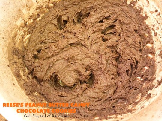 Reese's Peanut Butter Candy Chocolate Cookies | Can't Stay Out of the Kitchen | these #cookies are the ultimate #ReesesCookie! These #chocolate cookies are filled with #ReesesPeanutButterCandies. They're terrific for #holiday & #Christmas parties & a great way to use up leftover #Halloween candy. #PeanutButter #PeanutButterDessert #ChocolateDessert #ChristmasCookieExchange #dessert #ReesesPeanutButterCandyChocolateCookies
