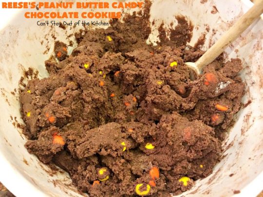 Reese's Peanut Butter Candy Chocolate Cookies | Can't Stay Out of the Kitchen | these #cookies are the ultimate #ReesesCookie! These #chocolate cookies are filled with #ReesesPeanutButterCandies. They're terrific for #holiday & #Christmas parties & a great way to use up leftover #Halloween candy. #PeanutButter #PeanutButterDessert #ChocolateDessert #ChristmasCookieExchange #dessert #ReesesPeanutButterCandyChocolateCookies