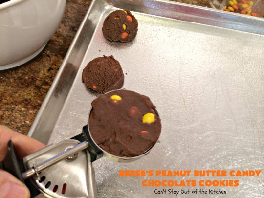 Reese's Peanut Butter Candy Chocolate Cookies | Can't Stay Out of the Kitchen | these #cookies are the ultimate #ReesesCookie! These #chocolate cookies are filled with #ReesesPeanutButterCandies. They're terrific for #holiday & #Christmas parties & a great way to use up leftover #Halloween candy. #PeanutButter #PeanutButterDessert #ChocolateDessert #ChristmasCookieExchange #dessert #ReesesPeanutButterCandyChocolateCookies