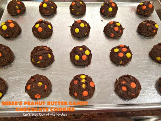 Reese's Peanut Butter Candy Chocolate Cookies | Can't Stay Out of the Kitchen | these #cookies are the ultimate #ReesesCookie! These #chocolate cookies are filled with #ReesesPeanutButterCandies. They're terrific for #holiday & #Christmas parties & a great way to use up leftover #Halloween candy. #PeanutButter #PeanutButterDessert #ChocolateDessert #ChristmasCookieExchange #dessert #ReesesPeanutButterCandyChocolateCookies