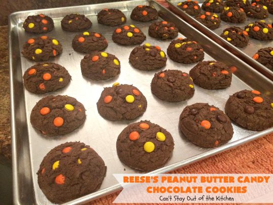 Reese's Peanut Butter Candy Chocolate Cookies | Can't Stay Out of the Kitchen | these #cookies are the ultimate #ReesesCookie! These #chocolate cookies are filled with #ReesesPeanutButterCandies. They're terrific for #holiday & #Christmas parties & a great way to use up leftover #Halloween candy. #PeanutButter #PeanutButterDessert #ChocolateDessert #ChristmasCookieExchange #dessert #ReesesPeanutButterCandyChocolateCookies