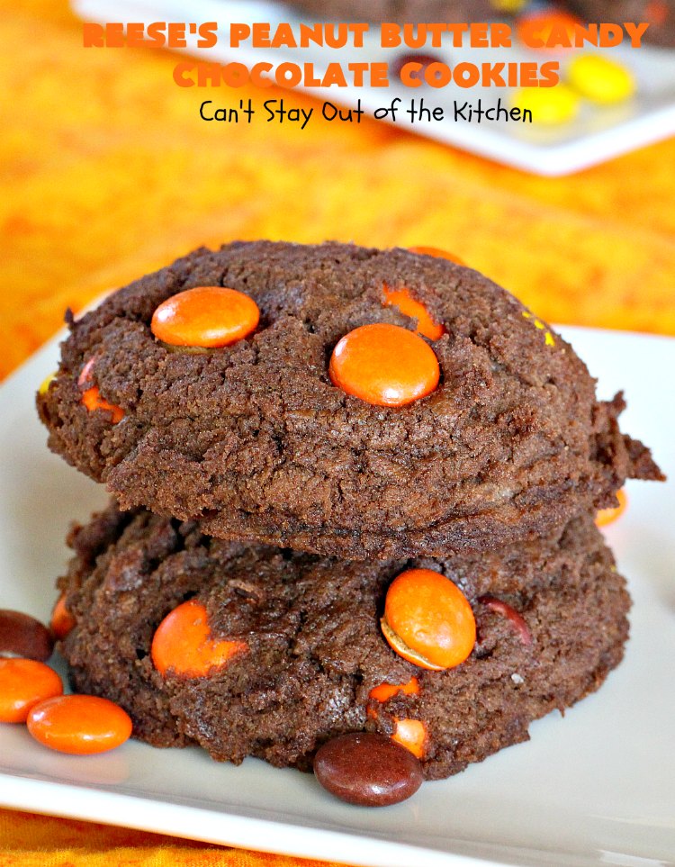 Reese's Peanut Butter Candy Chocolate Cookies | Can't Stay Out of the Kitchen | these #cookies are the ultimate #ReesesCookie! These #chocolate cookies are filled with #ReesesPeanutButterCandies. They're terrific for #holiday & #Christmas parties & a great way to use up leftover #Halloween candy. #PeanutButter #PeanutButterDessert #ChocolateDessert #ChristmasCookieExchange #dessert #ReesesPeanutButterCandyChocolateCookies