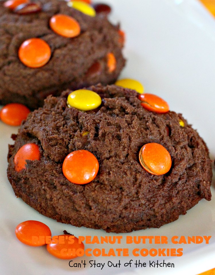 Reese's Peanut Butter Candy Chocolate Cookies | Can't Stay Out of the Kitchen | these #cookies are the ultimate #ReesesCookie! These #chocolate cookies are filled with #ReesesPeanutButterCandies. They're terrific for #holiday & #Christmas parties & a great way to use up leftover #Halloween candy. #PeanutButter #PeanutButterDessert #ChocolateDessert #ChristmasCookieExchange #dessert #ReesesPeanutButterCandyChocolateCookies