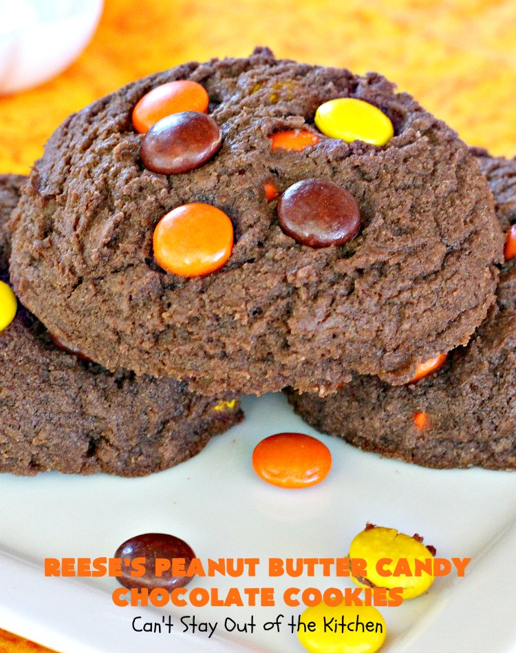 Reese's Peanut Butter Candy Chocolate Cookies | Can't Stay Out of the Kitchen | these #cookies are the ultimate #ReesesCookie! These #chocolate cookies are filled with #ReesesPeanutButterCandies. They're terrific for #holiday & #Christmas parties & a great way to use up leftover #Halloween candy. #PeanutButter #PeanutButterDessert #ChocolateDessert #ChristmasCookieExchange #dessert #ReesesPeanutButterCandyChocolateCookies