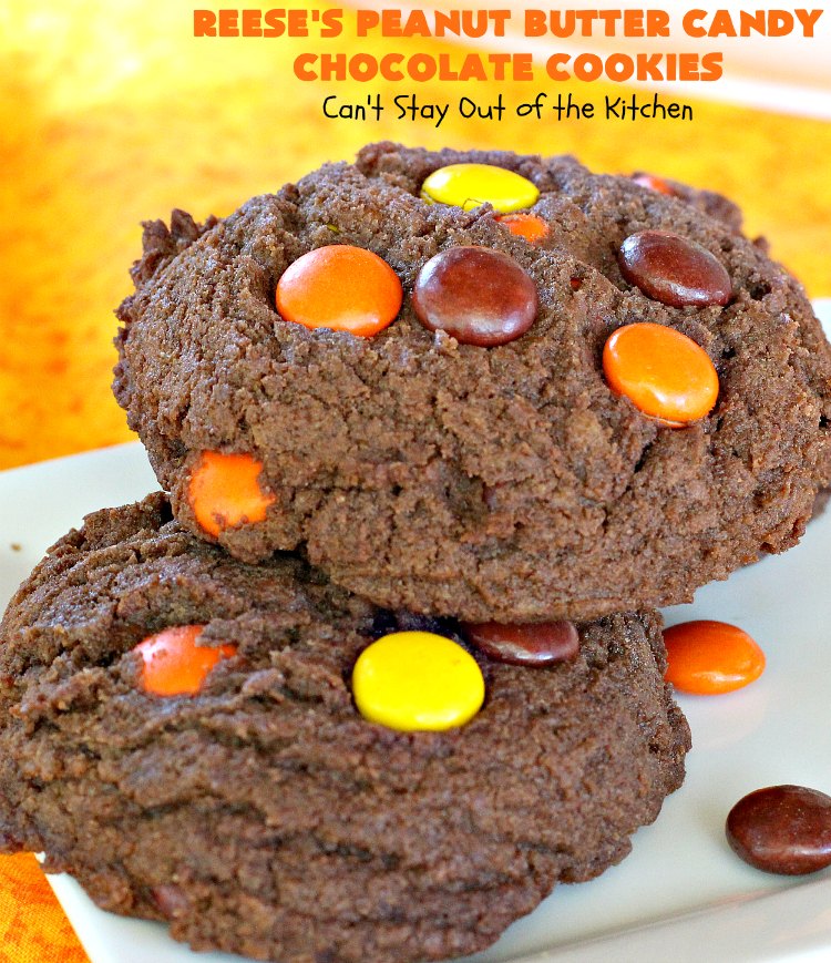 Reese's Peanut Butter Candy Chocolate Cookies | Can't Stay Out of the Kitchen | these #cookies are the ultimate #ReesesCookie! These #chocolate cookies are filled with #ReesesPeanutButterCandies. They're terrific for #holiday & #Christmas parties & a great way to use up leftover #Halloween candy. #PeanutButter #PeanutButterDessert #ChocolateDessert #ChristmasCookieExchange #dessert #ReesesPeanutButterCandyChocolateCookies