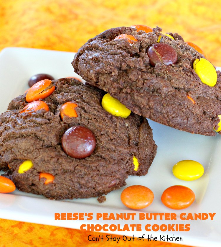 Reese's Peanut Butter Candy Chocolate Cookies | Can't Stay Out of the Kitchen | these #cookies are the ultimate #ReesesCookie! These #chocolate cookies are filled with #ReesesPeanutButterCandies. They're terrific for #holiday & #Christmas parties & a great way to use up leftover #Halloween candy. #PeanutButter #PeanutButterDessert #ChocolateDessert #ChristmasCookieExchange #dessert #ReesesPeanutButterCandyChocolateCookies