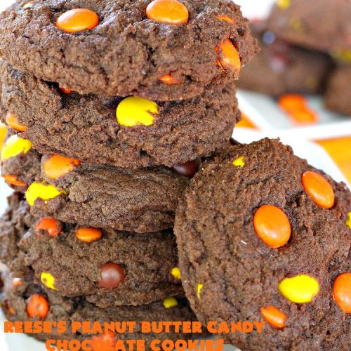 Reese's Peanut Butter Candy Chocolate Cookies | Can't Stay Out of the Kitchen | these #cookies are the ultimate #ReesesCookie! These #chocolate cookies are filled with #ReesesPeanutButterCandies. They're terrific for #holiday & #Christmas parties & a great way to use up leftover #Halloween candy. #PeanutButter #PeanutButterDessert #ChocolateDessert #ChristmasCookieExchange #dessert #ReesesPeanutButterCandyChocolateCookies