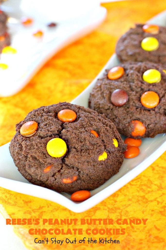 Reese's Peanut Butter Candy Chocolate Cookies | Can't Stay Out of the Kitchen | these #cookies are the ultimate #ReesesCookie! These #chocolate cookies are filled with #ReesesPeanutButterCandies. They're terrific for #holiday & #Christmas parties & a great way to use up leftover #Halloween candy. #PeanutButter #PeanutButterDessert #ChocolateDessert #ChristmasCookieExchange #dessert #ReesesPeanutButterCandyChocolateCookies