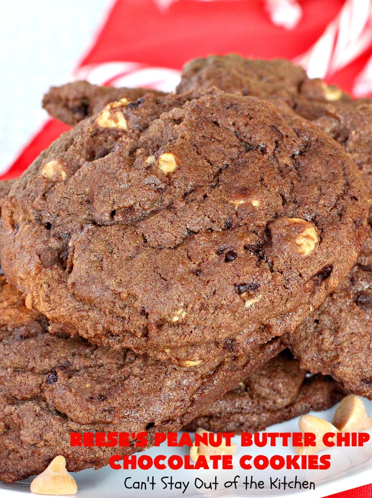 Reese's Peanut Butter Chip Chocolate Cookies | Can't Stay Out of the Kitchen | these chocolaty #cookies are heavenly. They're filled with #ReesesPeanutButterChips. #Chocolate & #PeanutButter are awesome together. This #dessert is marvelous for #holiday #baking or a #ChristmasCookieExchange. #tailgating #ChocolateDessert #PeanutButterDessert #ReesesPeanutButterChipChocolateCookies