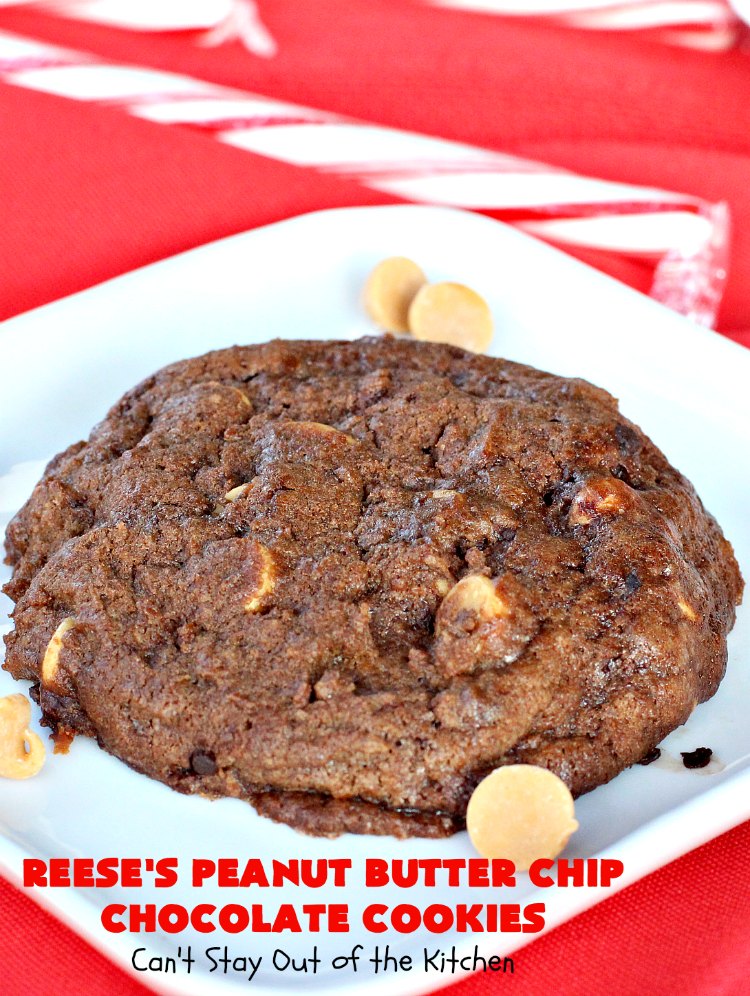 Reese's Peanut Butter Chip Chocolate Cookies | Can't Stay Out of the Kitchen | these chocolaty #cookies are heavenly. They're filled with #ReesesPeanutButterChips. #Chocolate & #PeanutButter are awesome together. This #dessert is marvelous for #holiday #baking or a #ChristmasCookieExchange. #tailgating #ChocolateDessert #PeanutButterDessert #ReesesPeanutButterChipChocolateCookies