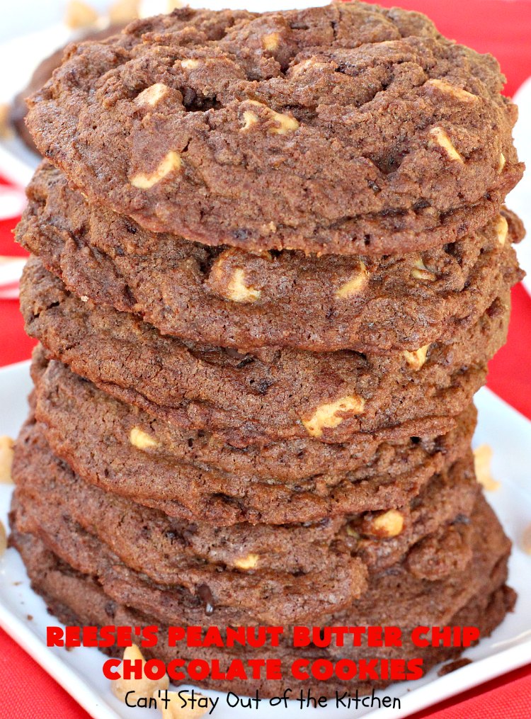 Reese's Peanut Butter Chip Chocolate Cookies | Can't Stay Out of the Kitchen | these chocolaty #cookies are heavenly. They're filled with #ReesesPeanutButterChips. #Chocolate & #PeanutButter are awesome together. This #dessert is marvelous for #holiday #baking or a #ChristmasCookieExchange. #tailgating #ChocolateDessert #PeanutButterDessert #ReesesPeanutButterChipChocolateCookies