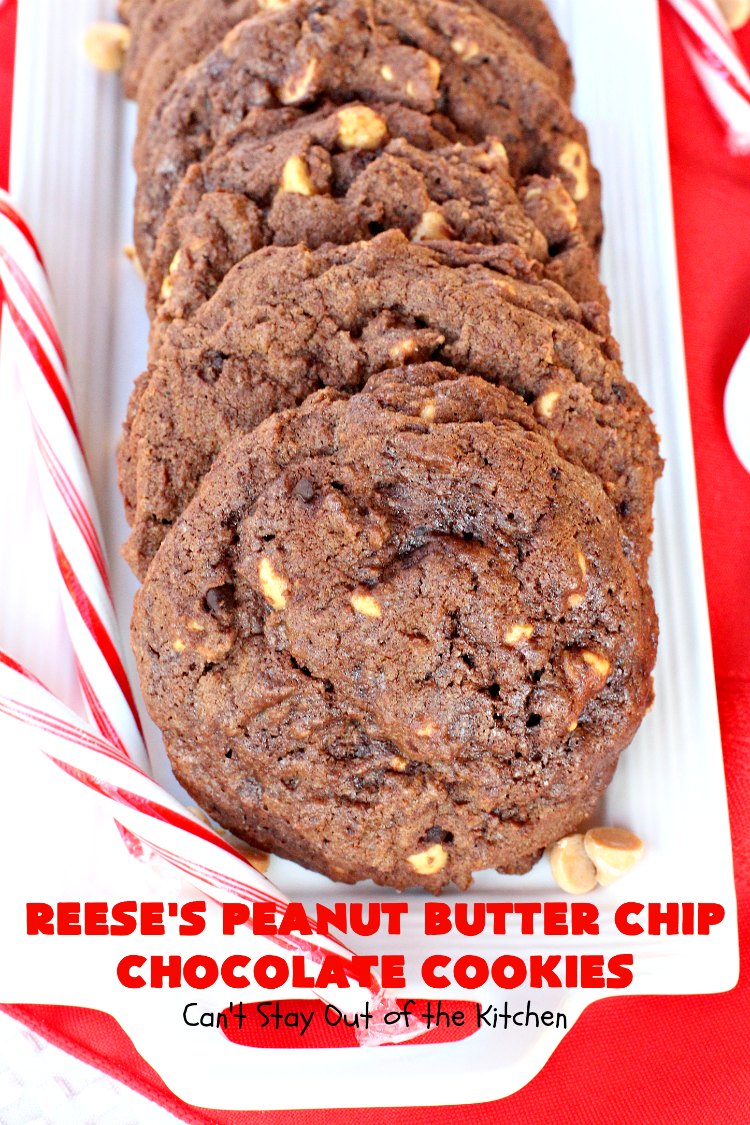 Reese's Peanut Butter Chip Chocolate Cookies | Can't Stay Out of the Kitchen | these chocolaty #cookies are heavenly. They're filled with #ReesesPeanutButterChips. #Chocolate & #PeanutButter are awesome together. This #dessert is marvelous for #holiday #baking or a #ChristmasCookieExchange. #tailgating #ChocolateDessert #PeanutButterDessert #ReesesPeanutButterChipChocolateCookies