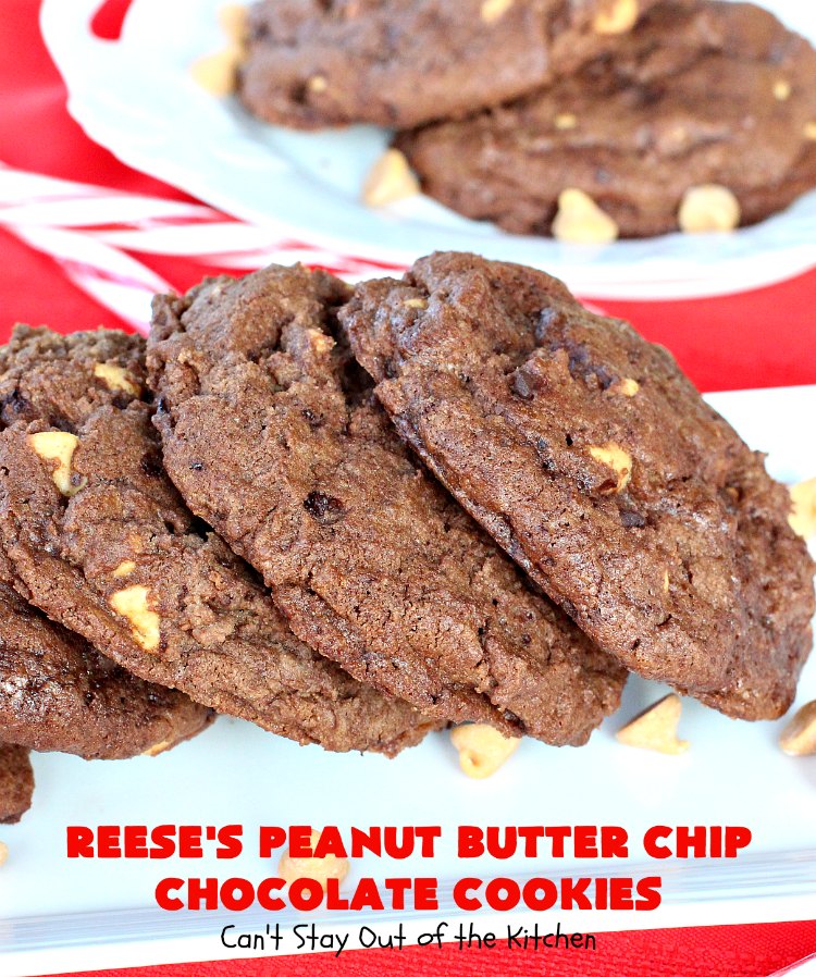 Reese's Peanut Butter Chip Chocolate Cookies | Can't Stay Out of the Kitchen | these chocolaty #cookies are heavenly. They're filled with #ReesesPeanutButterChips. #Chocolate & #PeanutButter are awesome together. This #dessert is marvelous for #holiday #baking or a #ChristmasCookieExchange. #tailgating #ChocolateDessert #PeanutButterDessert #ReesesPeanutButterChipChocolateCookies