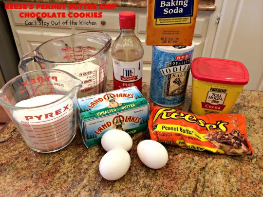Reese's Peanut Butter Chip Chocolate Cookies | Can't Stay Out of the Kitchen | these chocolaty #cookies are heavenly. They're filled with #ReesesPeanutButterChips. #Chocolate & #PeanutButter are awesome together. This #dessert is marvelous for #holiday #baking or a #ChristmasCookieExchange. #tailgating #ChocolateDessert #PeanutButterDessert #ReesesPeanutButterChipChocolateCookies