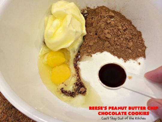 Reese's Peanut Butter Chip Chocolate Cookies | Can't Stay Out of the Kitchen | these chocolaty #cookies are heavenly. They're filled with #ReesesPeanutButterChips. #Chocolate & #PeanutButter are awesome together. This #dessert is marvelous for #holiday #baking or a #ChristmasCookieExchange. #tailgating #ChocolateDessert #PeanutButterDessert #ReesesPeanutButterChipChocolateCookies