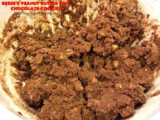 Reese's Peanut Butter Chip Chocolate Cookies | Can't Stay Out of the Kitchen | these chocolaty #cookies are heavenly. They're filled with #ReesesPeanutButterChips. #Chocolate & #PeanutButter are awesome together. This #dessert is marvelous for #holiday #baking or a #ChristmasCookieExchange. #tailgating #ChocolateDessert #PeanutButterDessert #ReesesPeanutButterChipChocolateCookies