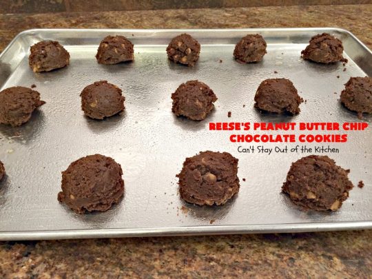 Reese's Peanut Butter Chip Chocolate Cookies | Can't Stay Out of the Kitchen | these chocolaty #cookies are heavenly. They're filled with #ReesesPeanutButterChips. #Chocolate & #PeanutButter are awesome together. This #dessert is marvelous for #holiday #baking or a #ChristmasCookieExchange. #tailgating #ChocolateDessert #PeanutButterDessert #ReesesPeanutButterChipChocolateCookies