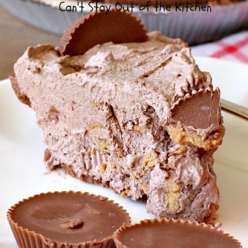 Reese's Peanut Butter Chocolate Pie | Can't Stay Out of the Kitchen | this quick & easy 5 ingredient #pie is phenomenal! It's perfect for a company or #holiday #dessert, but so easy you can make it often. #chocolate #ReesesPeanutButterCups #PeanutButter #ChocolateDessert #PeanutButterDessert #HolidayDessert #ReesesPeanutButterChocolatePie