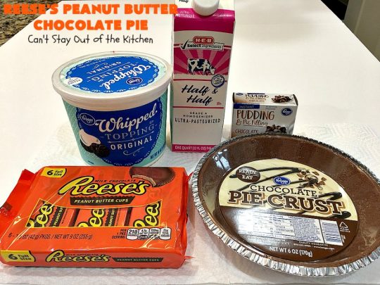 Reese's Peanut Butter Chocolate Pie | Can't Stay Out of the Kitchen | this quick & easy 5 ingredient #pie is phenomenal! It's perfect for a company or #holiday #dessert, but so easy you can make it often. #chocolate #ReesesPeanutButterCups #PeanutButter #ChocolateDessert #PeanutButterDessert #HolidayDessert #ReesesPeanutButterChocolatePie