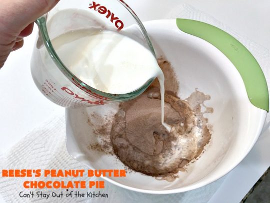Reese's Peanut Butter Chocolate Pie | Can't Stay Out of the Kitchen | this quick & easy 5 ingredient #pie is phenomenal! It's perfect for a company or #holiday #dessert, but so easy you can make it often. #chocolate #ReesesPeanutButterCups #PeanutButter #ChocolateDessert #PeanutButterDessert #HolidayDessert #ReesesPeanutButterChocolatePie