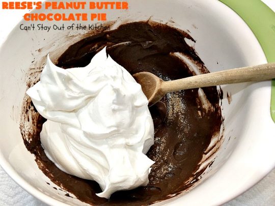 Reese's Peanut Butter Chocolate Pie | Can't Stay Out of the Kitchen | this quick & easy 5 ingredient #pie is phenomenal! It's perfect for a company or #holiday #dessert, but so easy you can make it often. #chocolate #ReesesPeanutButterCups #PeanutButter #ChocolateDessert #PeanutButterDessert #HolidayDessert #ReesesPeanutButterChocolatePie