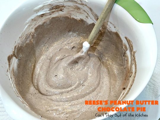 Reese's Peanut Butter Chocolate Pie | Can't Stay Out of the Kitchen | this quick & easy 5 ingredient #pie is phenomenal! It's perfect for a company or #holiday #dessert, but so easy you can make it often. #chocolate #ReesesPeanutButterCups #PeanutButter #ChocolateDessert #PeanutButterDessert #HolidayDessert #ReesesPeanutButterChocolatePie