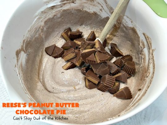 Reese's Peanut Butter Chocolate Pie | Can't Stay Out of the Kitchen | this quick & easy 5 ingredient #pie is phenomenal! It's perfect for a company or #holiday #dessert, but so easy you can make it often. #chocolate #ReesesPeanutButterCups #PeanutButter #ChocolateDessert #PeanutButterDessert #HolidayDessert #ReesesPeanutButterChocolatePie